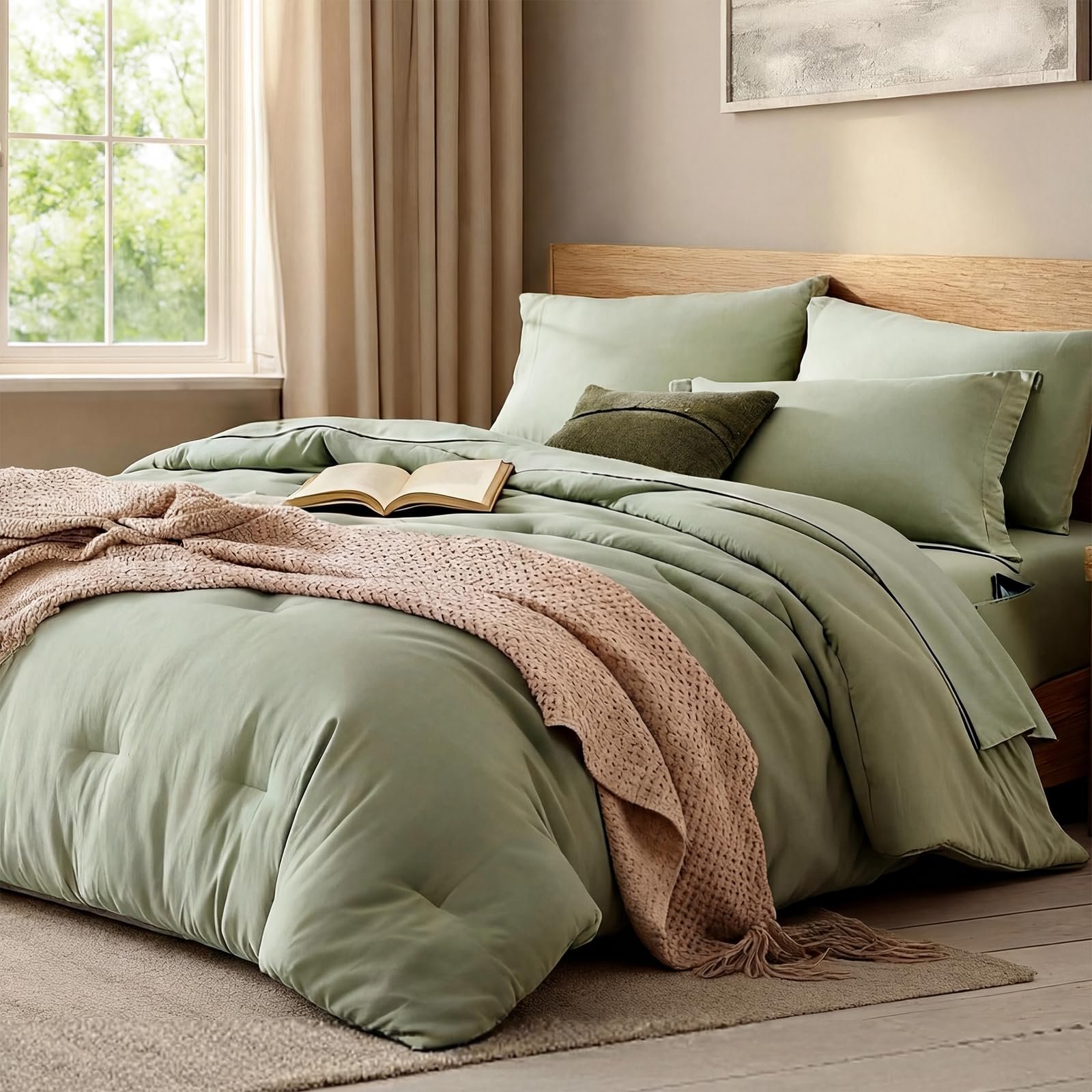 WRENSONGE Queen Comforter Set - 7 Pieces Sage Green Soft Bed in a Bag Queen