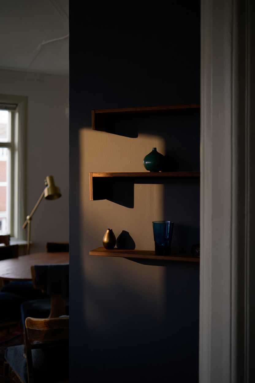 Design Your Nighttime Living Room: Moody Floating Shelves With Warm Accent Lighting